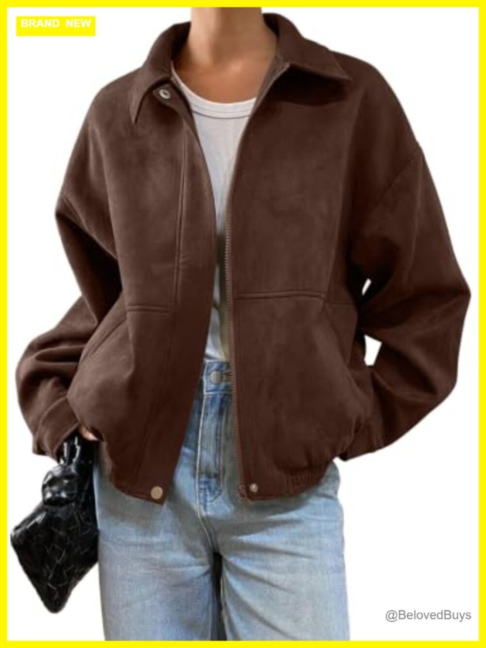Faux Suede Bomber Jacket Oversized Zip Up Cropped Coat